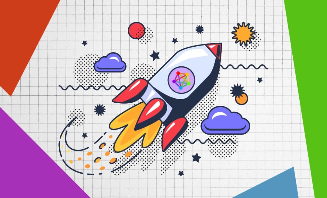 the drawing of a rocket with a fediverse logo inside set against a backdrop of square school paper