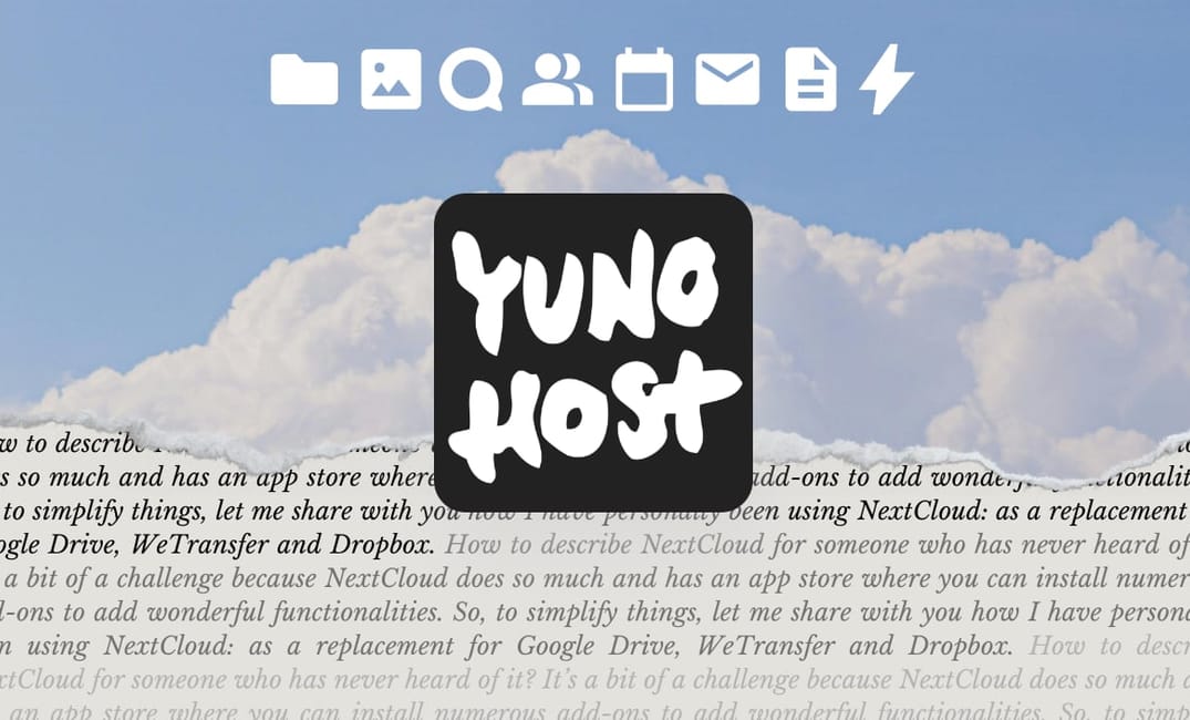 a photo collage showing the YunoHost logo front and center and behind it a photo of clouds 