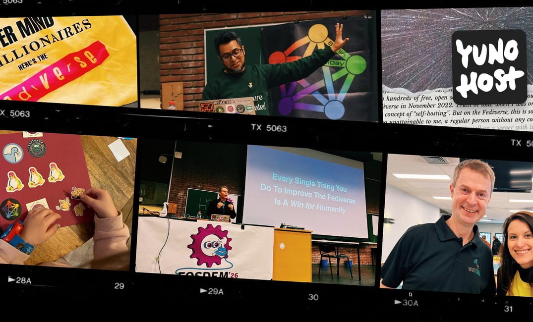 a collage showing photos from the month with a special focus on FOSDEM