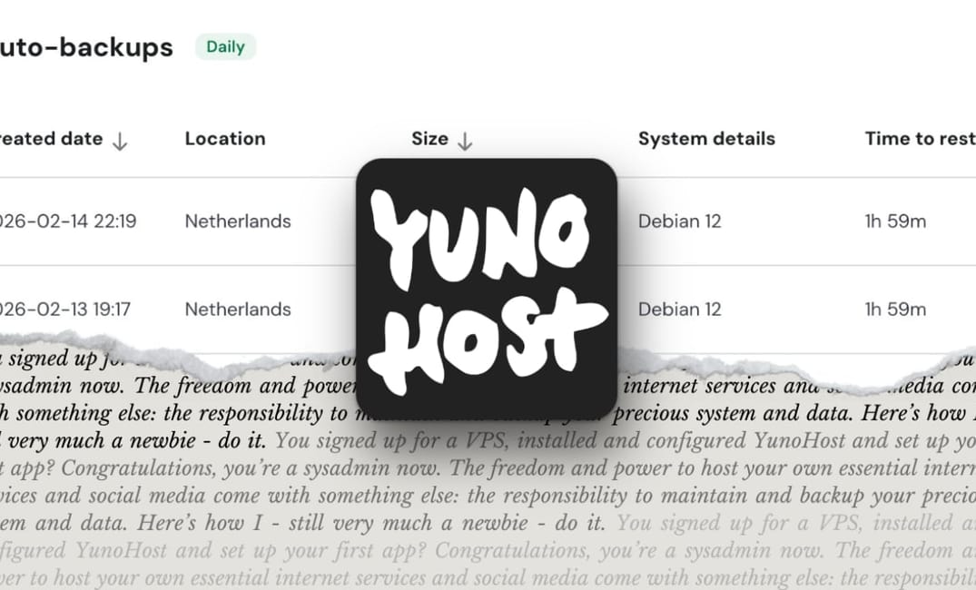 a photo showing the screenshot of a VPS backup screen and the logo YunoHost on top