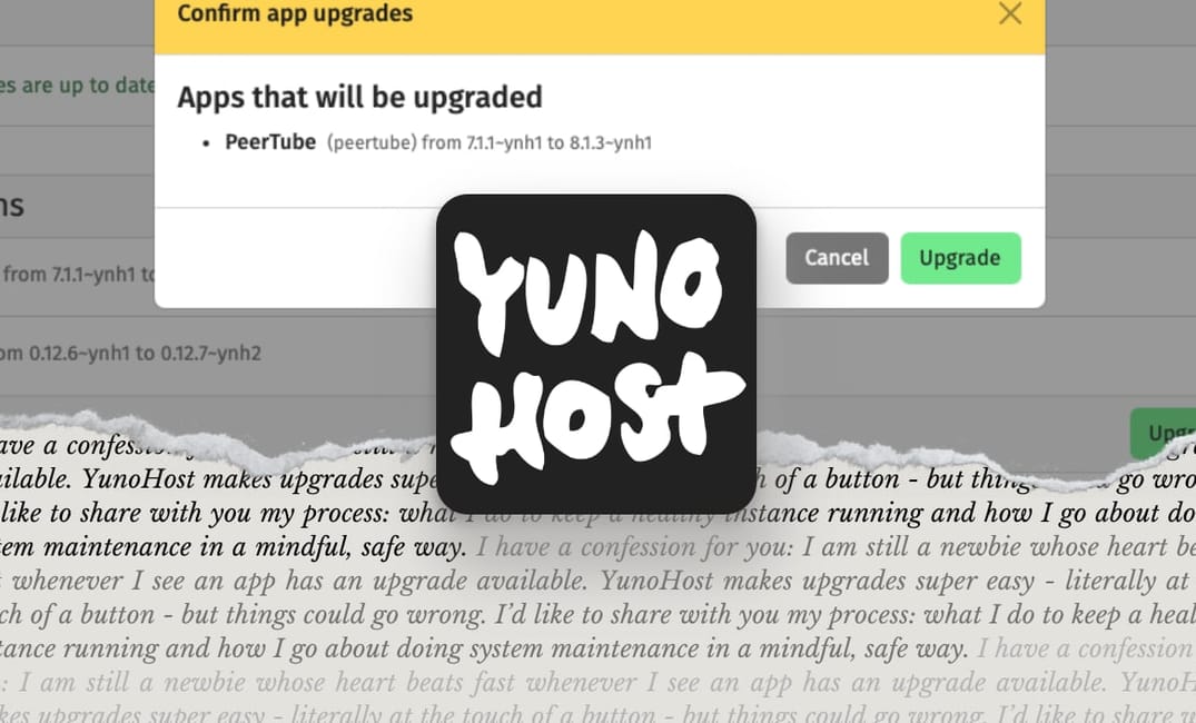 a photo montage showing the YunoHost upgrade screen with the logo of YunoHost on top