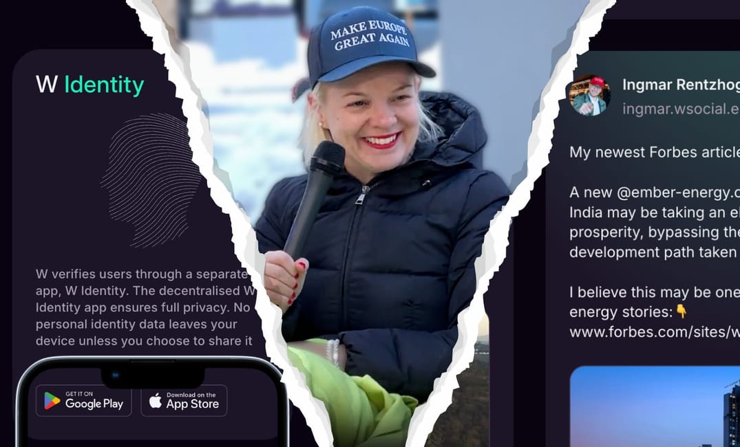 a montage showing the W Identity app promo, Anna Zeiter and a W Social post