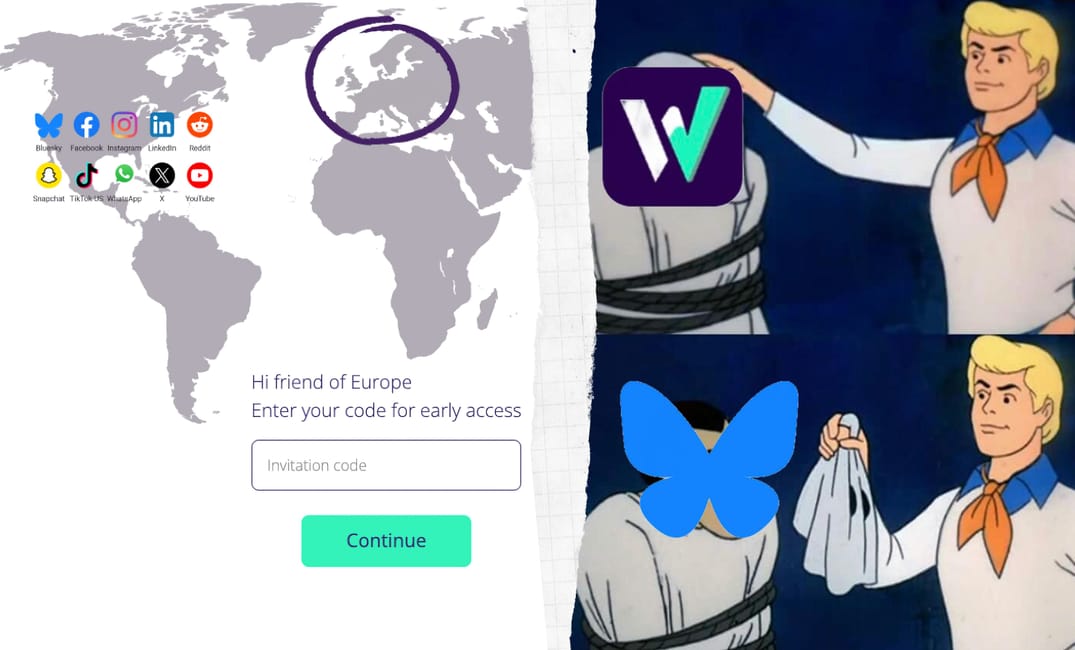 a cover image showing the old W Social landing page and a Scooby Doo meme with a reveal of Bluesky