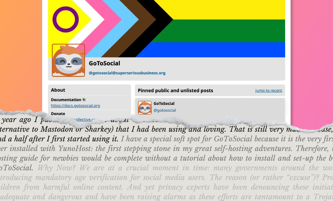 a cover image showing the official account for GoToSocial with the pride flag and under it an excerpt from this post