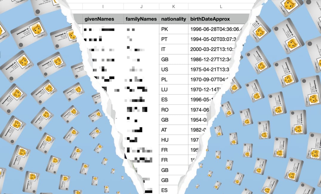 a graphic showing the ID emoji swirling in the background and at the center you see an Excel-like file with columns like "given names" "family names" "nationality" and "birth date approx."