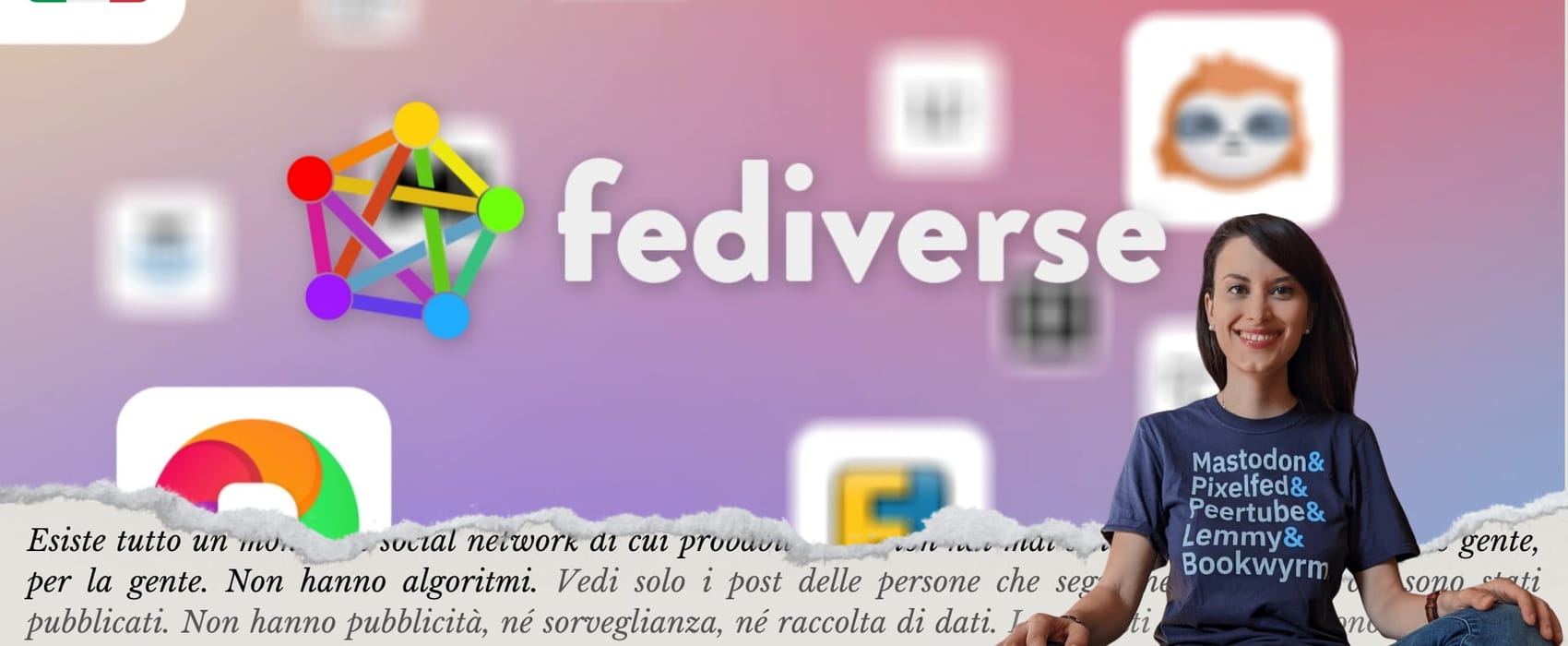 a photo collage that reads "fediverse" with a woman sitting crossed legged and icons of various fediverse software