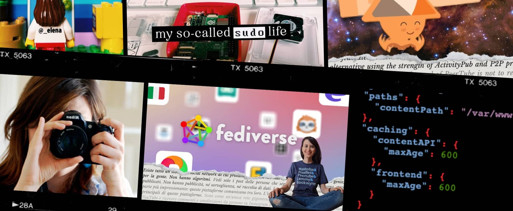 a banner showing various photos in film strips showing my Fediverse video, some code and PeerTube